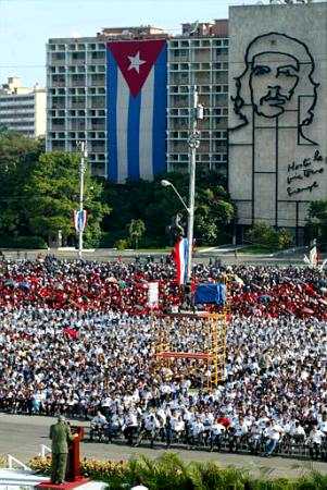 Cuban President Fidel Castro delivers a speech in front of the Che Guevara monument 
Monday Sept. 16, 2002 at the Revolution Plaza in Havana, Cuba. Castro was celebrating the 
new school year. (AP Photo/Jose Goitia)