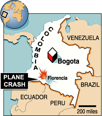 По заявлению авиационных 
должностных лиц, небольшой американский правительственный самолет с пятью 
пассажирами потерпел аварию 13 февраля 2003 в джунглях южной Колумбии, 
контролируемых марксистскими повстанцами. Авиационные должностные 
лица также заявили, что четыре на борту самолета были четыре американца и один 
колумбиец, однако, должностные лица из американского посольства в Колумбии не 
смогли подтвердить, были ли на борту какие-либо американцы. Как сообщили 
официальные должностные лица в посольстве, одномоторный самолет потерпел 
аварию в ходе попытки вынужденной посадки, вызванной отказом двигателя. 
Графика и аннотация - агентство Рейтер; четверг 13 февраля; 1 ч. 15 мин. 
всемирного времени